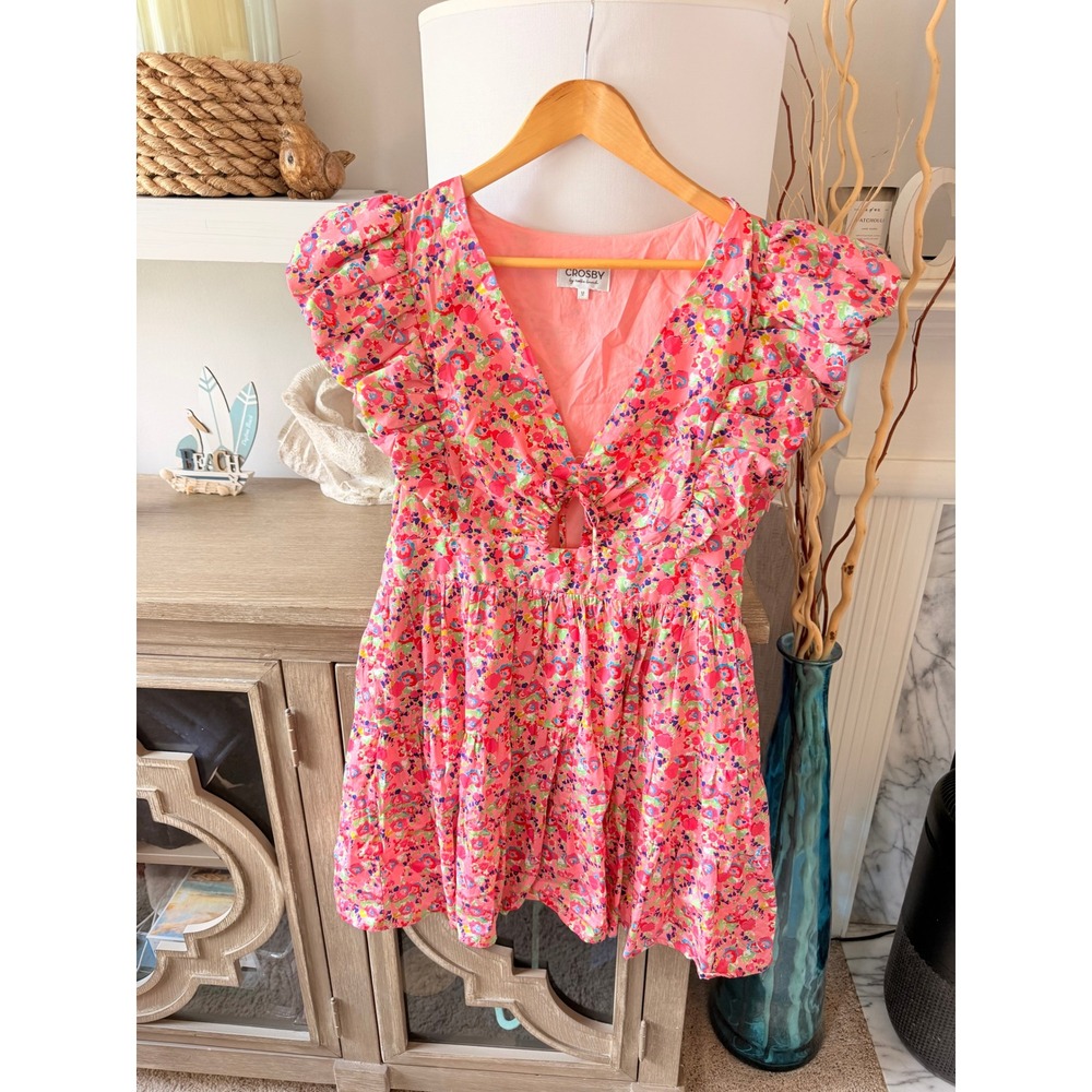 Crosby by Mollie Burch Floral Tiered Ruffle Mini Dress Womens Pink Multi Size M
